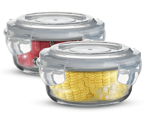 BERGNER Borosilicate Glass Side Lock Round Storage Container for Kitchen with Air-Tight and Leakproof Lid, BPA Free, Microwave and Oven Safe, Removable Silicone White Gasket, 400 ml each (Set of 2)
